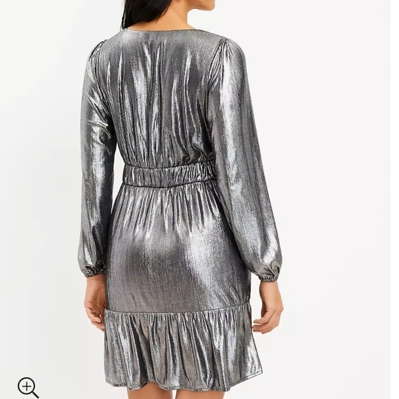 Loft Shimmer Silver Black Ruffle V-Neck Dress Size 14 - Picture 3 of 14